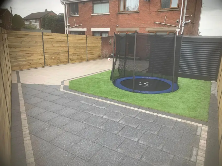 Block paving, artificial grass and sunken trampoline garden transformation